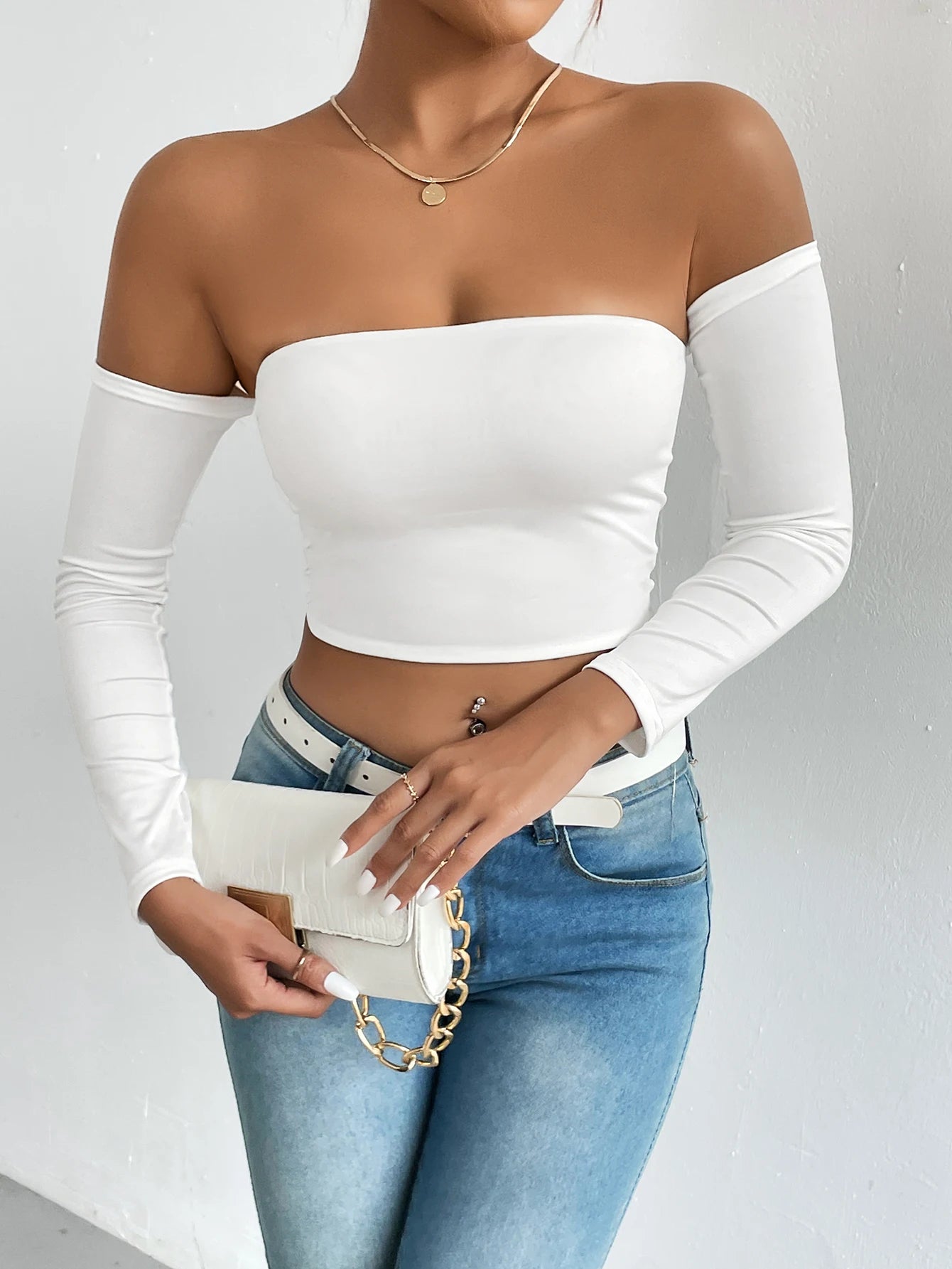 Off Shoulder Crop T-Shirt, Casual Long Sleeve Top For Spring & Fall, Women's Clothing