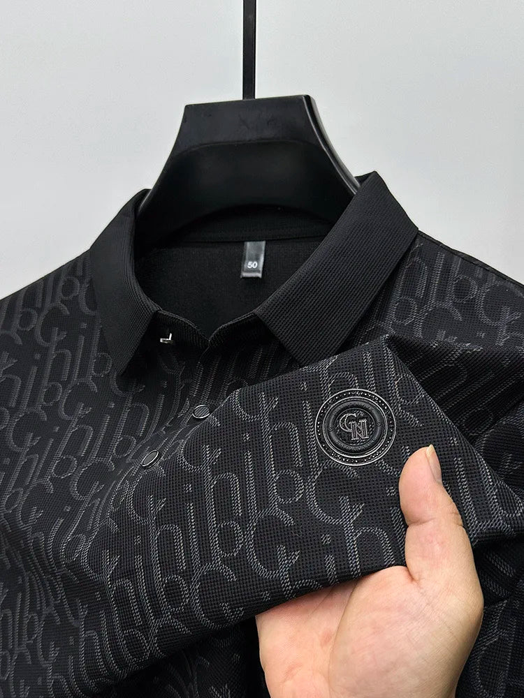 High end brand polo shirt short sleeved men's light luxury embossed top silk cool casual 2024 summer breathable lapel T-shirt