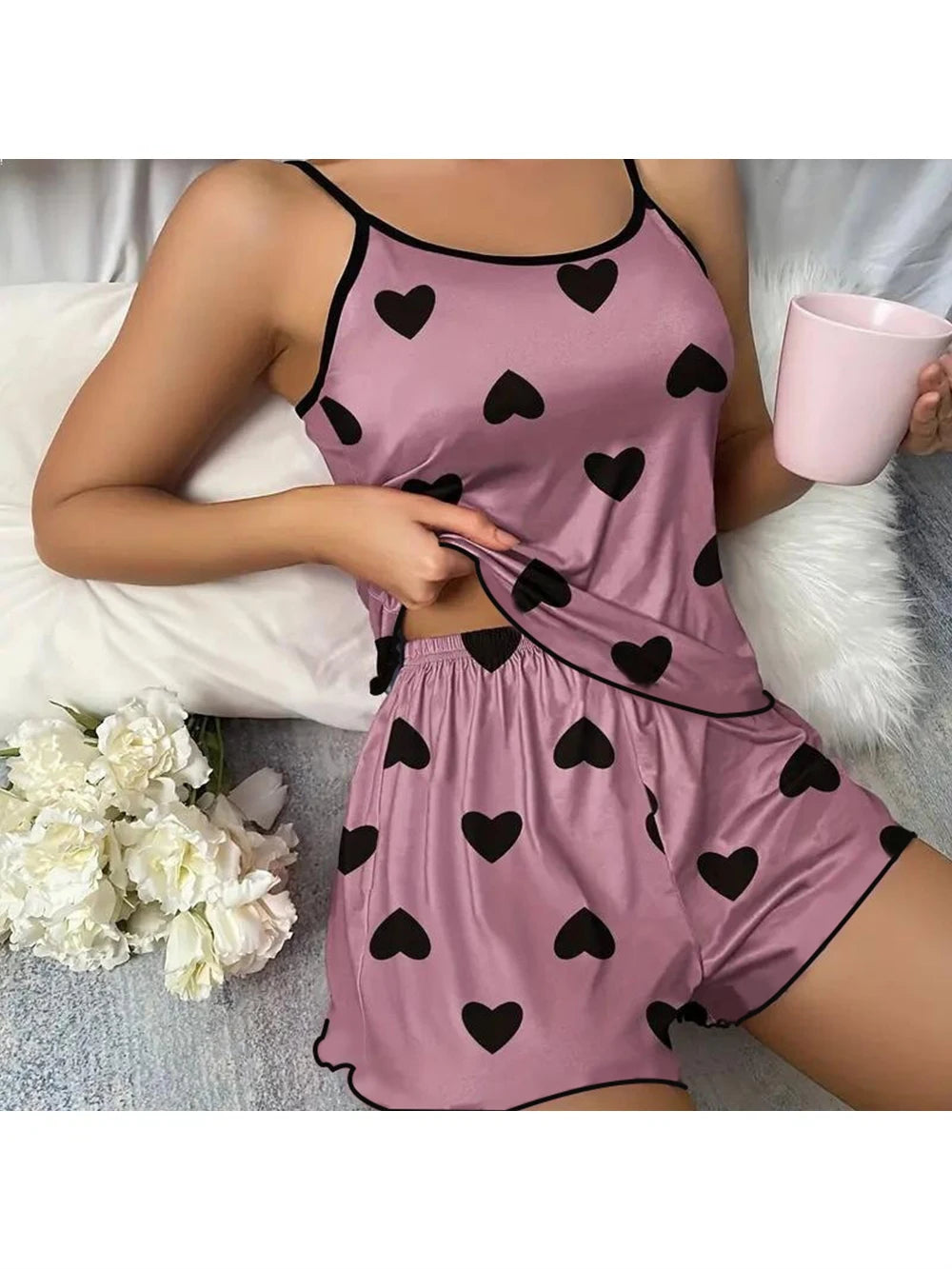 Women's Pajama Set Pajamas T-Shirts Shorts Pink Heart-Shaped Print Round Neck T-Shirt Ice Silk Top Comfortable Casual Summer ﻿