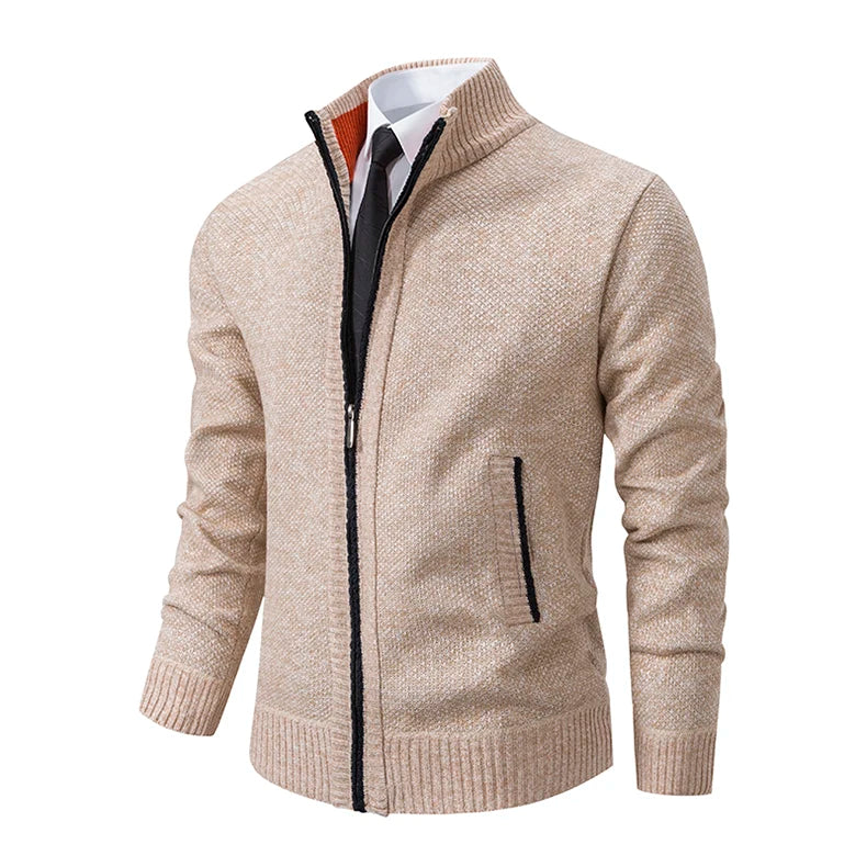 Autumn And Winter New Jersey Men's Casual Sports Coat Solid Color Stand Collar Wweater Grab Fleece Warm Zipper Cardigan