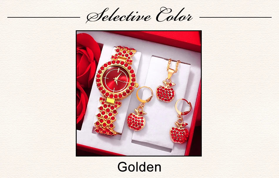 New Luxury Watch Women Red Necklace Earring Rhinestone Fashion Wristwatch Casual Ladies Watches Jewelry Set Relogio Feminino