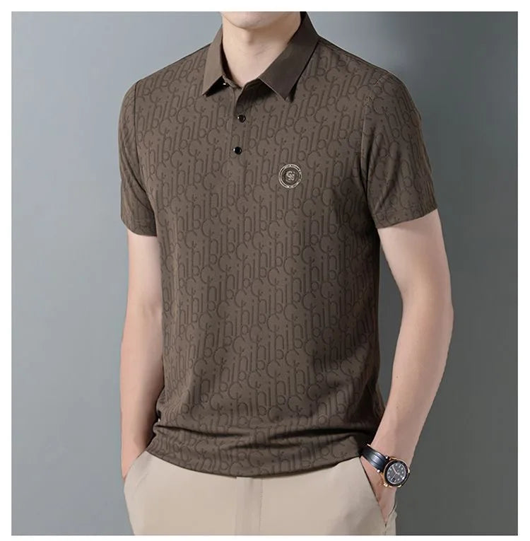 High end brand polo shirt short sleeved men's light luxury embossed top silk cool casual 2024 summer breathable lapel T-shirt