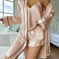 Simple Satin Pajama Set Long Sleeve Belted Robe  V Neck Cami Top And Shorts Women's Sleepwear