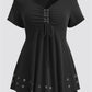 Women Plus Size Casual T-Shirt V-Neck Lace-Up Ruffled Eyelet Washer Summer Soft Loose Basic Ruched Medium Stretch New Tee Top