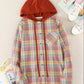 Women Autumn Hooded Collar Plaid Sweatshirt Tide Drawstring Loose Casual Hoodies Button With Chest-pocket