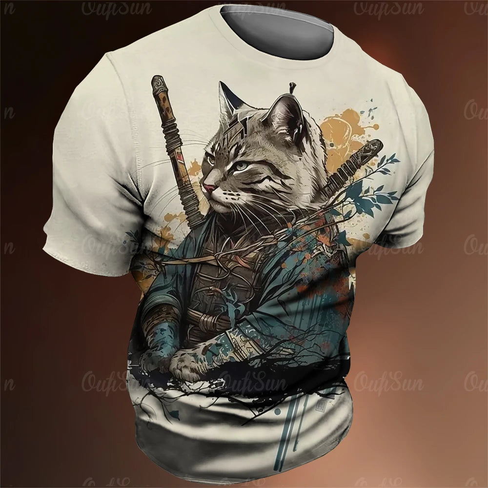 Y2K Samurai Cat Graphic T-Shirts - Men