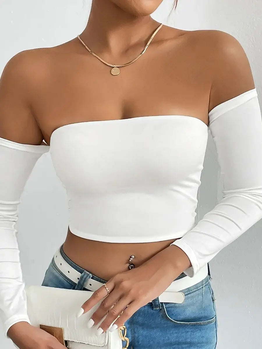 Off Shoulder Crop T-Shirt, Casual Long Sleeve Top For Spring & Fall, Women's Clothing