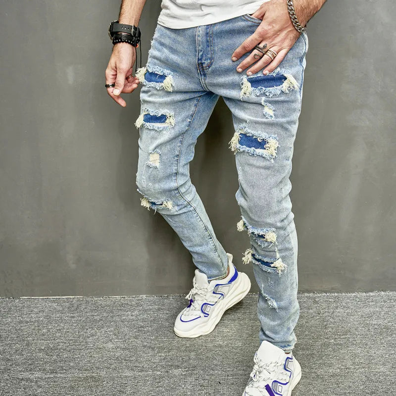 New Men Holes Casual Skinny Jeans Pants Streetwear Male Stylish Ripped Solid Hip Hop Slim Denim Trousers