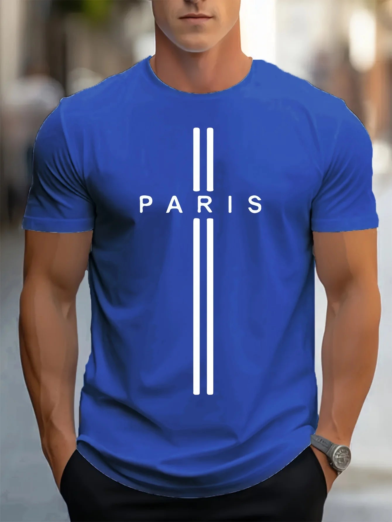 Men's 100% pure cotton summer loose fitting oversized Paris print casual slim fit round neck short sleeved T-shirt top