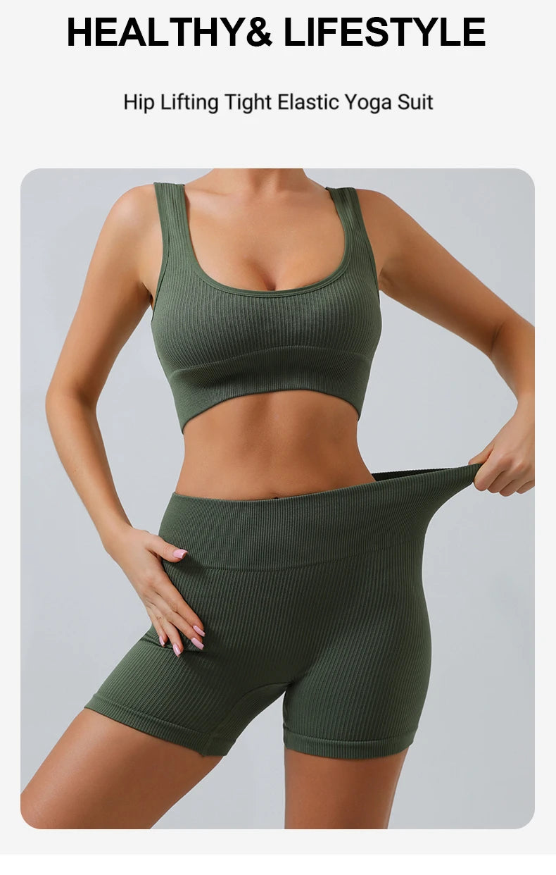 Ribbed Seamless Sport Set Women Crop Top Bra Leggings Shorts Yoga Set Sportsuit Wear Workout Outfit Fitness Gym Clothes