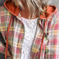 Women Autumn Hooded Collar Plaid Sweatshirt Tide Drawstring Loose Casual Hoodies Button With Chest-pocket