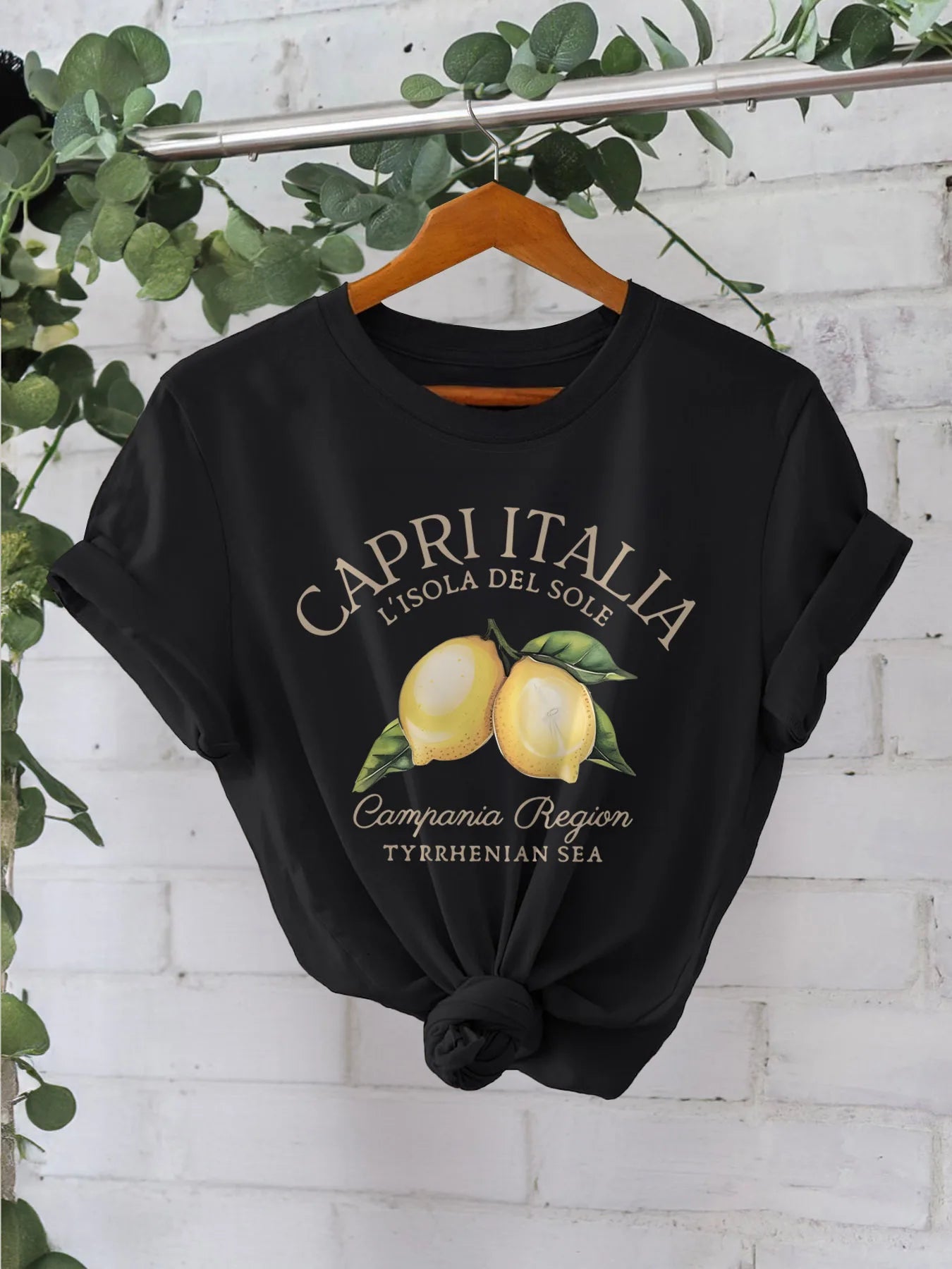 Lemon Print T-shirt, Short Sleeve Crew Neck Casual Top for Summer & Spring, Women's Clothing