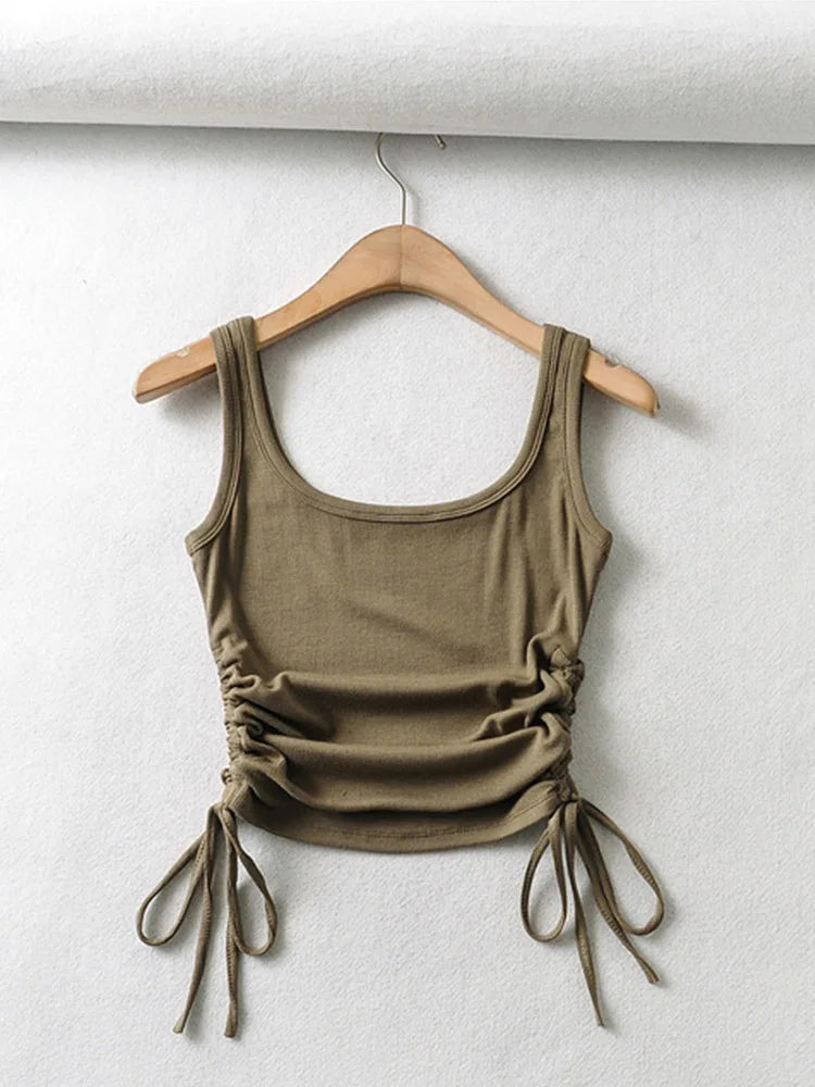 New Arrival Girls Casual Solid Colour Two Side Drawstring Vest Folds Shirring Sexy Tank&Camis