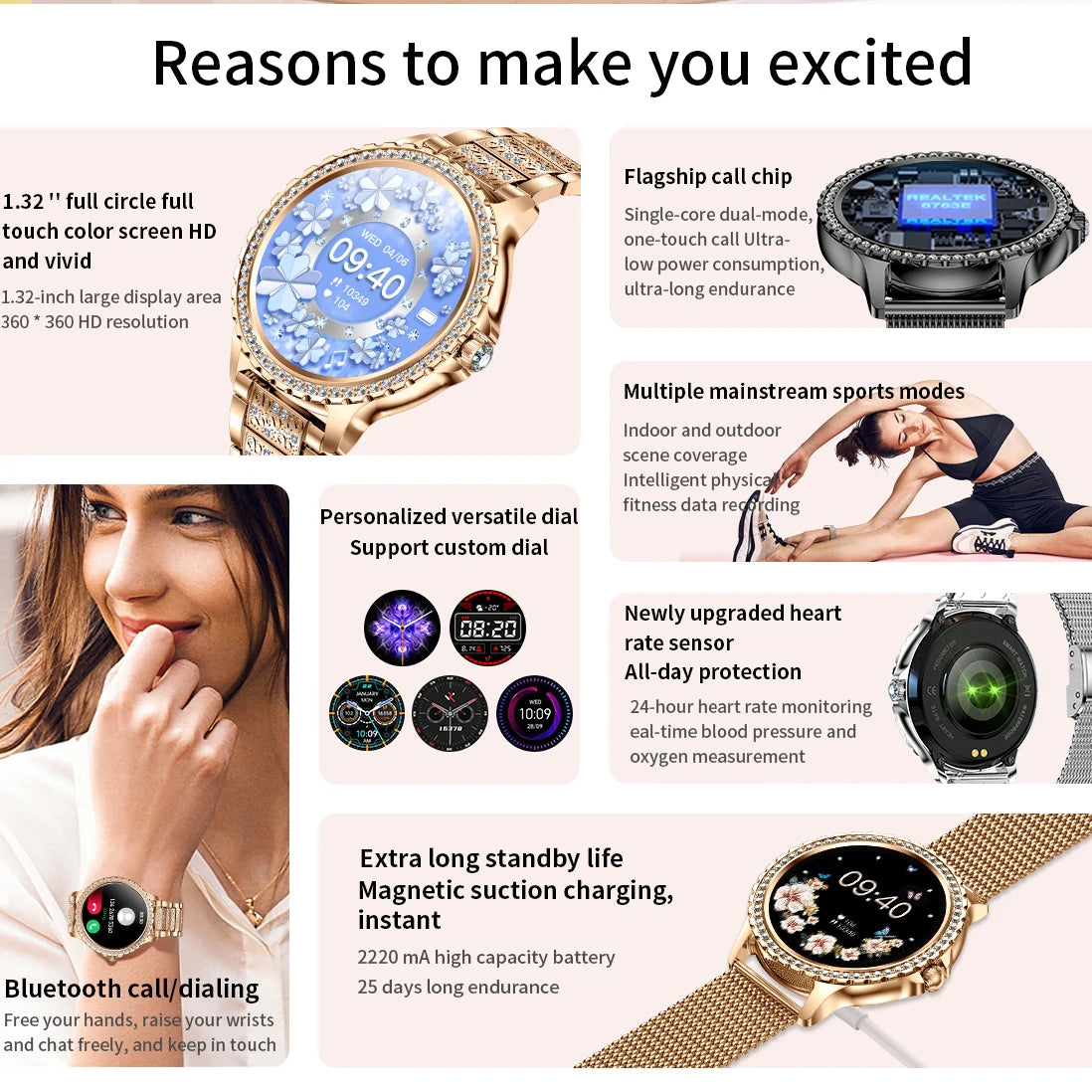 Fashion Luxury Gold Smart Watch Heart rate Blood Oxygen Sleep Monitoring Diamond Bracelet Bluetooth Call Smartwatch Ladies