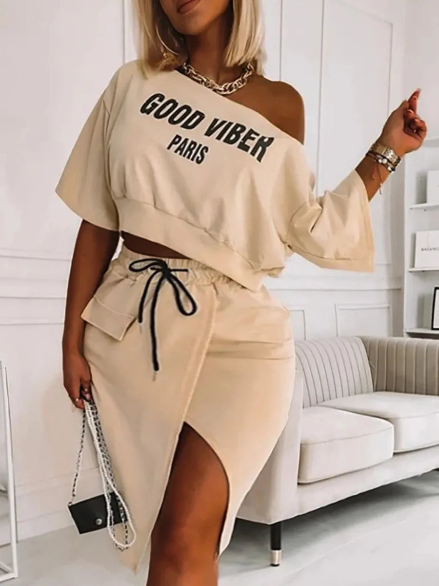 LW Plus Size 2pc Good Viber One Shoulder Letter Print Set