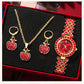 New Luxury Watch Women Red Necklace Earring Rhinestone Fashion Wristwatch Casual Ladies Watches Jewelry Set Relogio Feminino