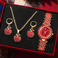 New Luxury Watch Women Red Necklace Earring Rhinestone Fashion Wristwatch Casual Ladies Watches Jewelry Set Relogio Feminino