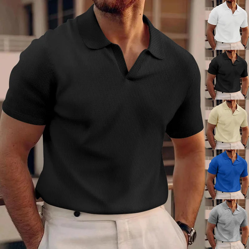 24 Cross-border European and American Summer Aliexpress Amazon New POLO ShirT Lapel V Neck Waffle ShorT-sleeved Men's T-shirT