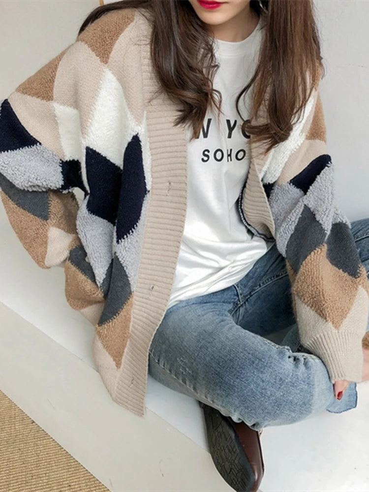 Colorfaith 2022 Plaid Chic Cardigans Button Puff Sleeve Checkered Oversized Women's Sweaters Winter Spring Sweater Tops SW658