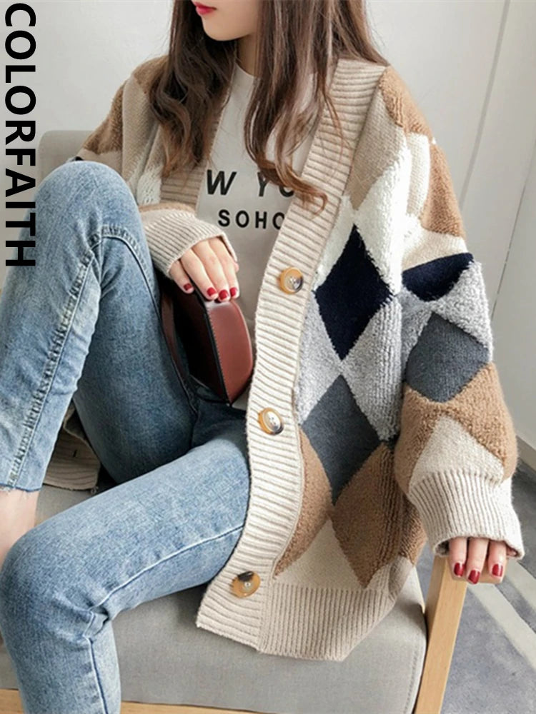 Colorfaith 2022 Plaid Chic Cardigans Button Puff Sleeve Checkered Oversized Women's Sweaters Winter Spring Sweater Tops SW658